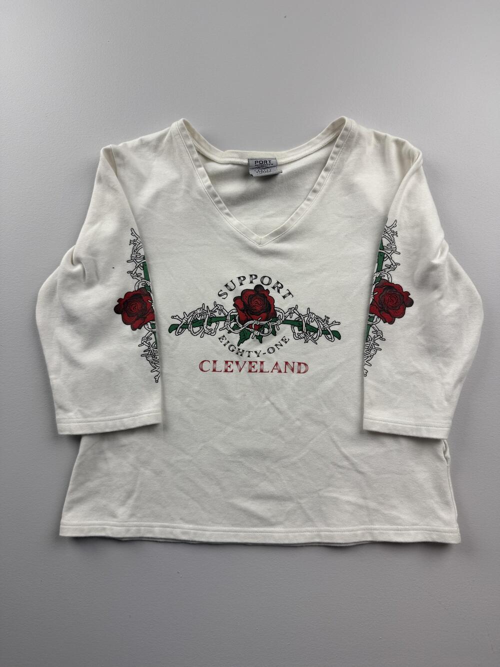 Port Authority Shirt Womens Medium White V-Neck 3/4 Sleeve Cleveland Biker